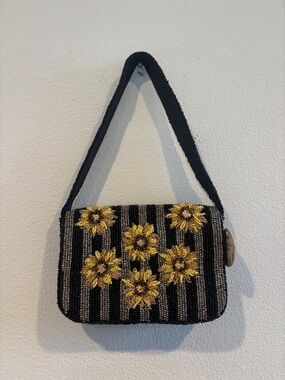 Beaded Sunflower Shoulder Bag - Black and Yellow